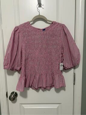 Old Navy Pink Striped Smocked Peplum Puff Sleeve Blouse